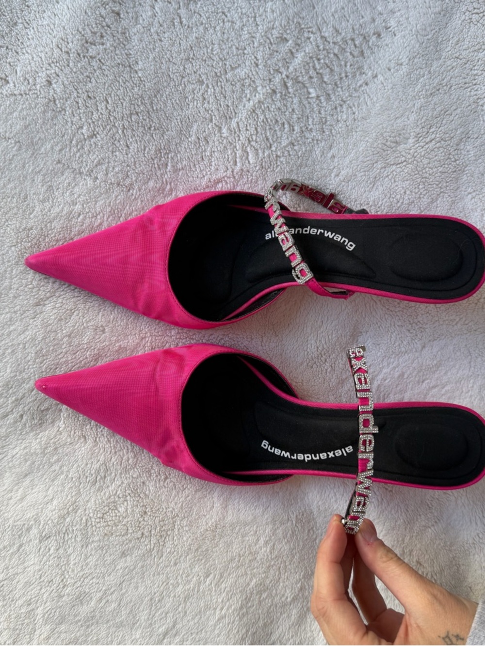 Alexander Wang Hot Pink Pointed Toe Mule Kitten Heel with Crystal Logo Strap